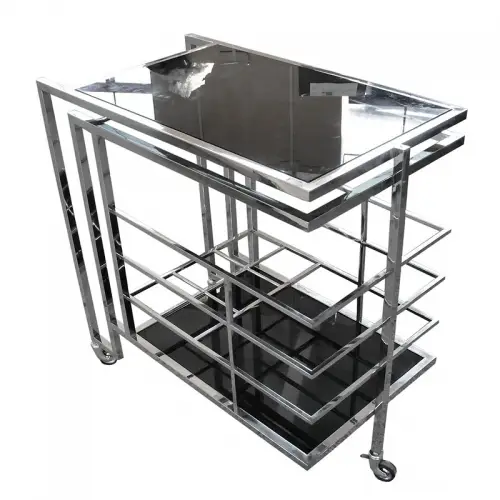 Uniek en handgemaakt  Bartrolley Darrell 77x42x78,5cm zilver Zwart Glas