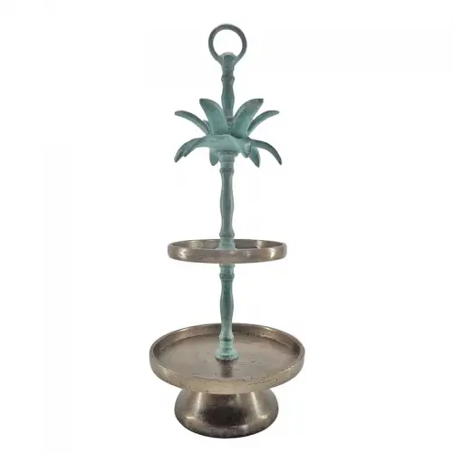 Uniek en handgemaakt  Stand 2-Tier 20x20x51cm (Plaat 20&15cm) ruw zilver met turquoise palm