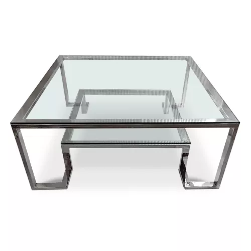 Uniek en handgemaakt  Salontafel Keaton - 100x100x41cm - 2-lagen -  zilverkleurig - transparant glas