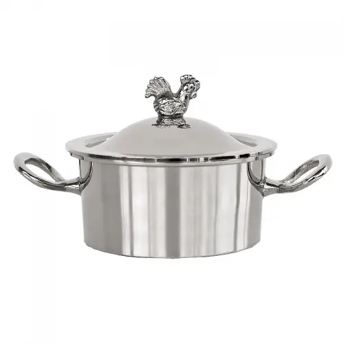 Uniek en handgemaakt  Pannetje met handgrepen en deksel 17x11x8cm met decoratieve haan / kip